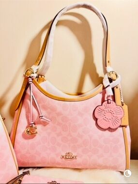Coach Powder Pink Signature Shoulder Bag w Floral Charm and Tan Trim, New
